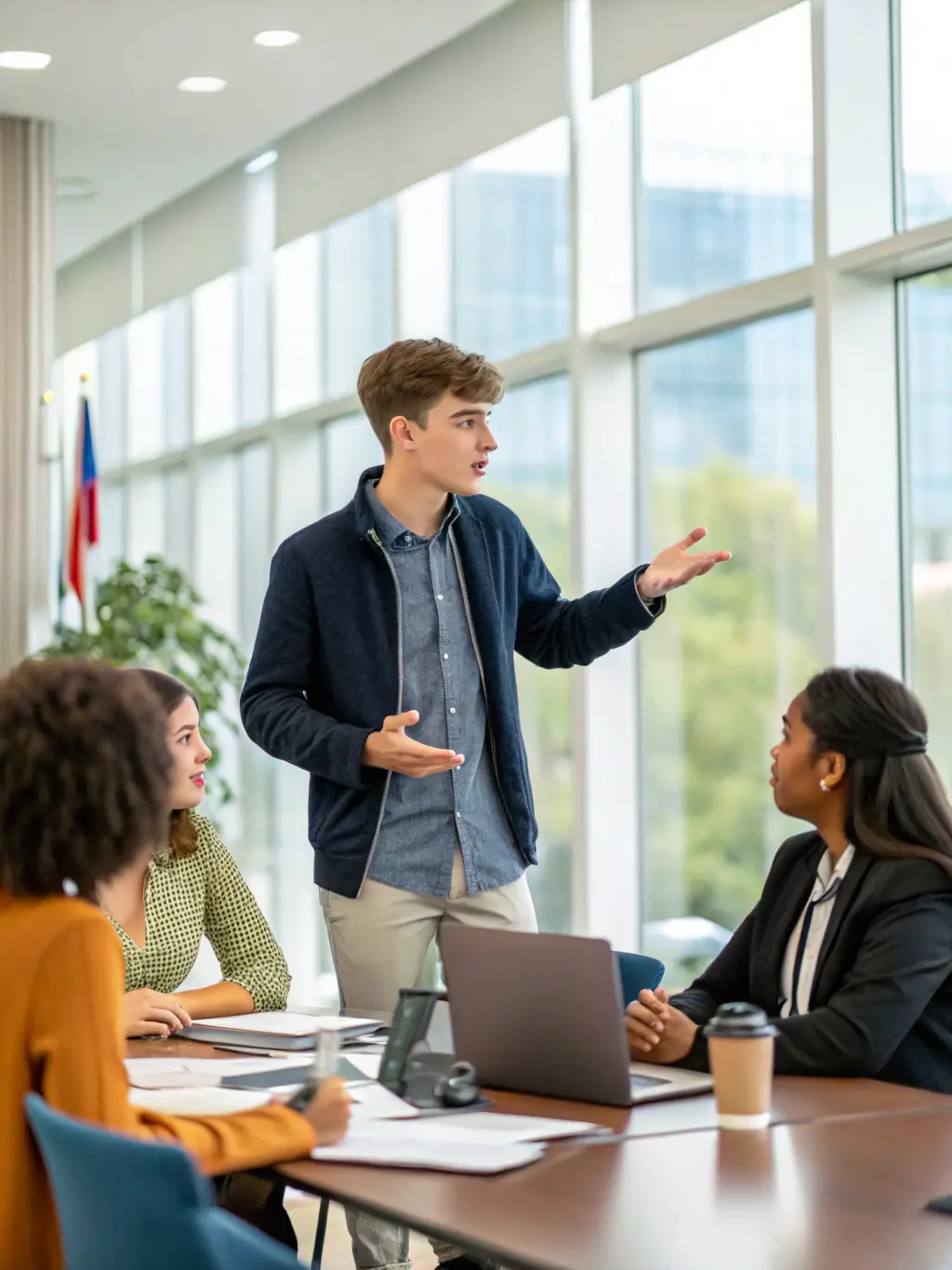 A student confidently presenting in English during a business meeting simulation, demonstrating practical communication skills.