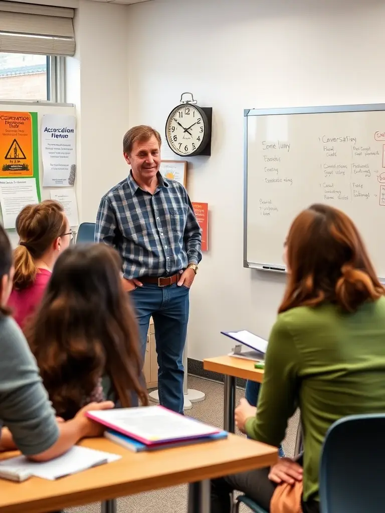 Michael conducting an interactive English lesson with a small group of international students, emphasizing practical communication skills and real-world scenarios.