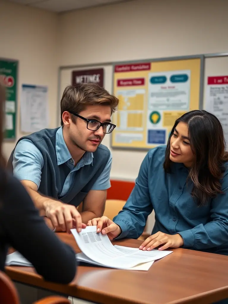 Michael providing constructive feedback to a student on their English writing assignment, highlighting areas for improvement and celebrating their progress.