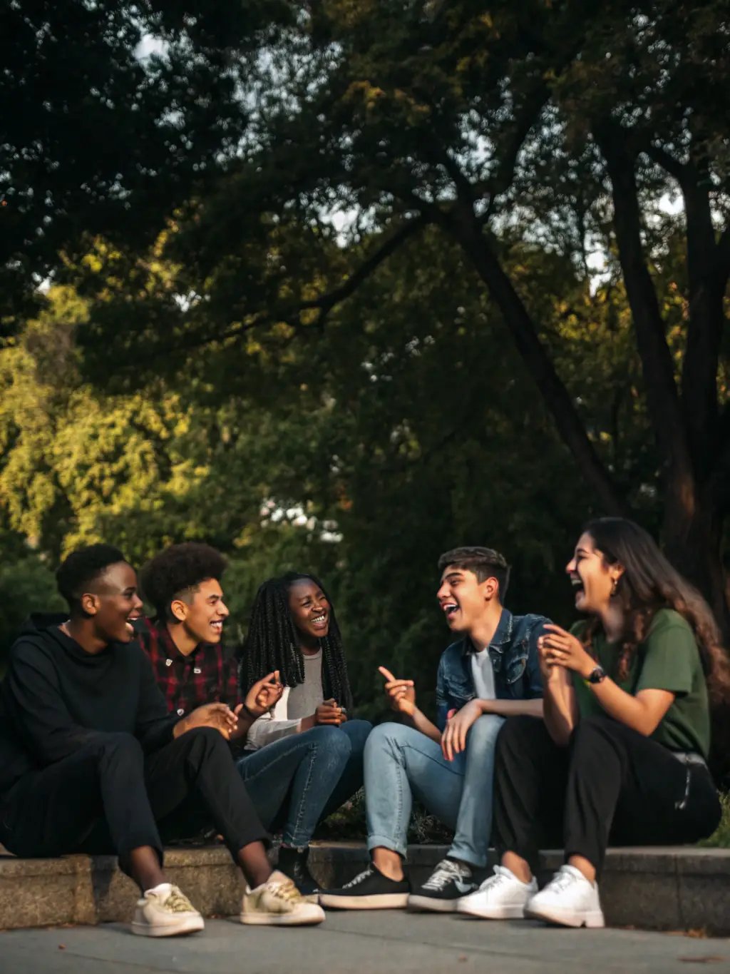 A diverse group of international students confidently engaging in a conversation in English, demonstrating improved fluency and cultural awareness.