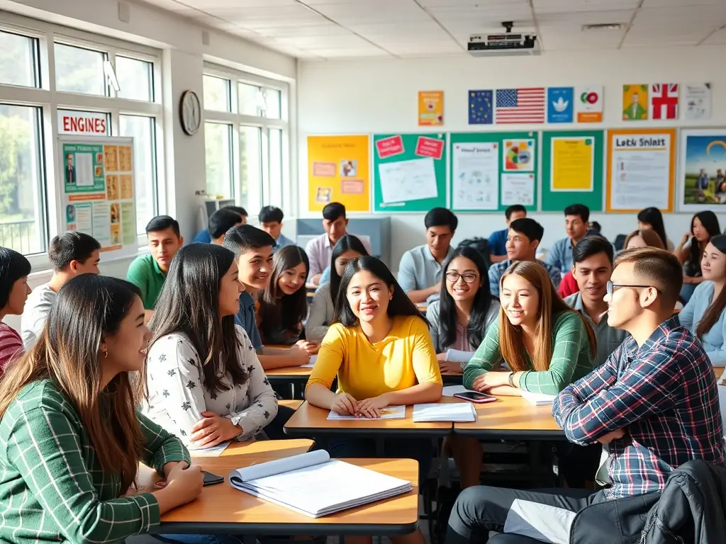 An international student confidently participating in a lively English conversation class, engaging with peers and the instructor.