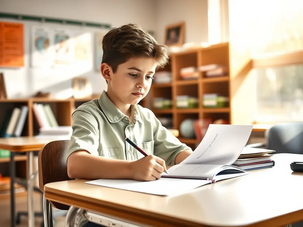 A focused international student diligently studying English grammar in a bright, modern classroom setting, surrounded by textbooks and learning materials.